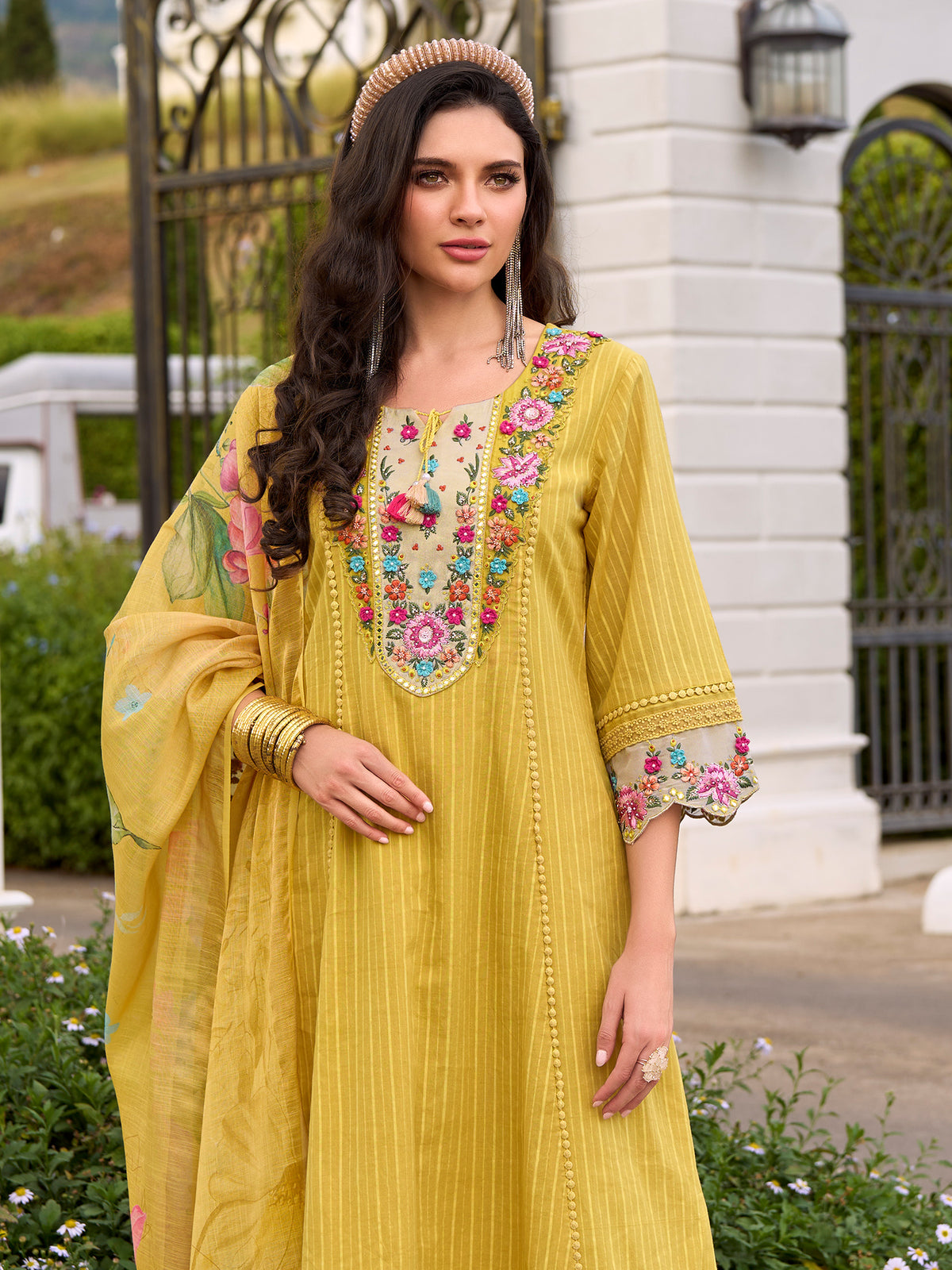 Yellow Embroidered Anarkali Kurta Trousers With Dupatta Set