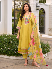 Yellow Embroidered Anarkali Kurta Trousers With Dupatta Set