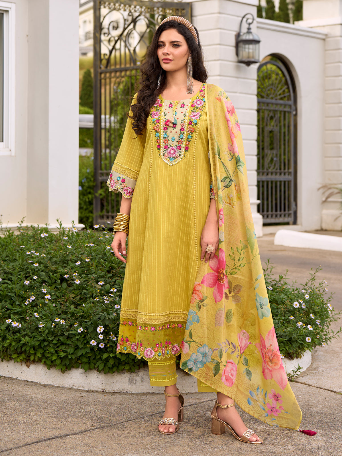 Yellow Embroidered Anarkali Kurta Trousers With Dupatta Set