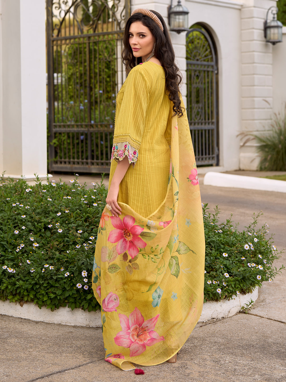 Yellow Embroidered Anarkali Kurta Trousers With Dupatta Set