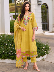 Yellow Embroidered Anarkali Kurta Trousers With Dupatta Set
