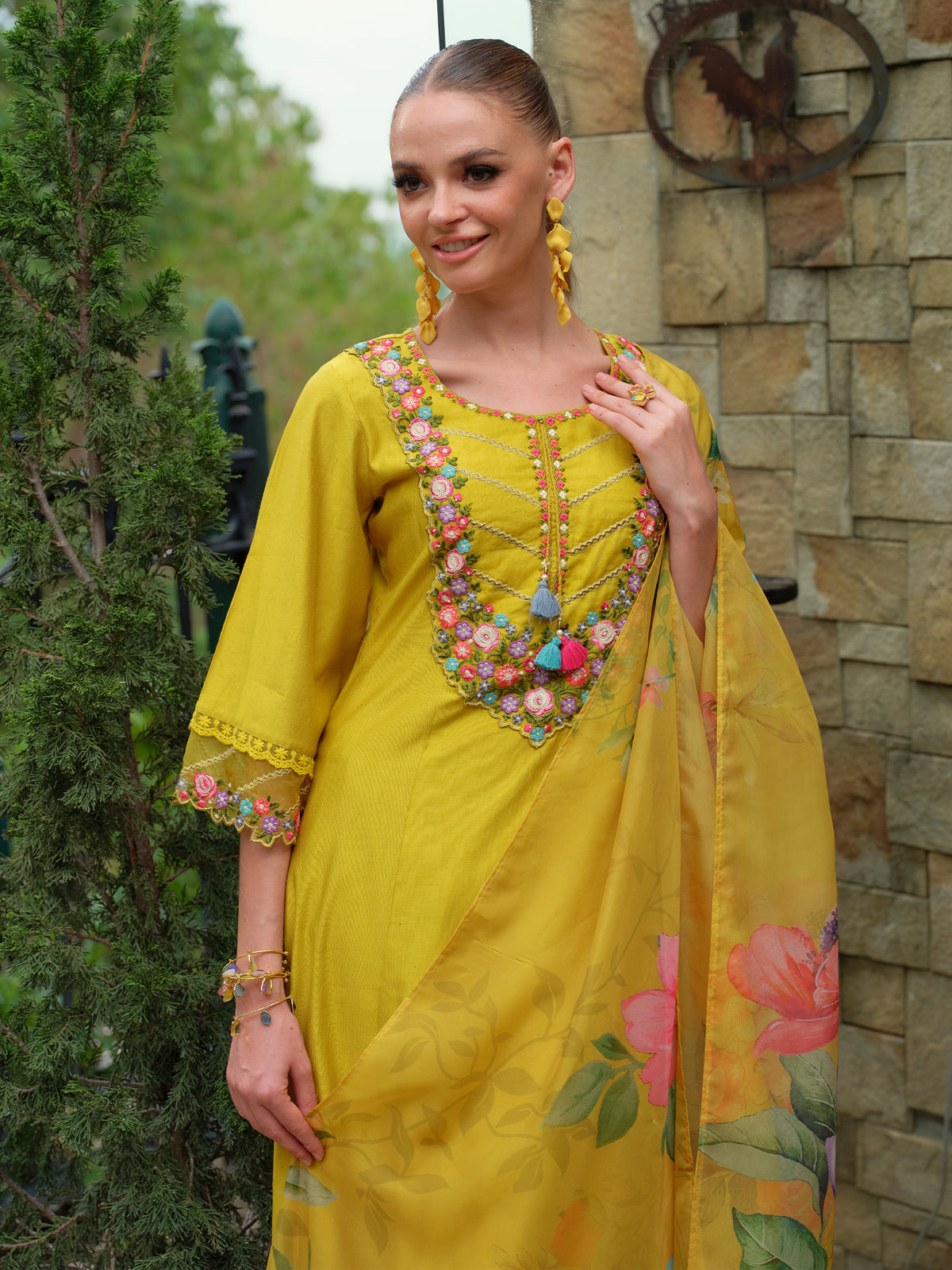 Yellow Embroidered A-Line Kurta Trousers With Dupatta Set