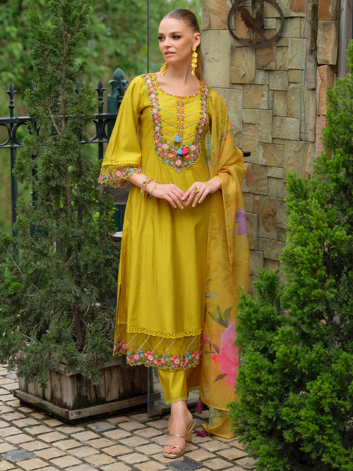Yellow Embroidered A-Line Kurta Trousers With Dupatta Set