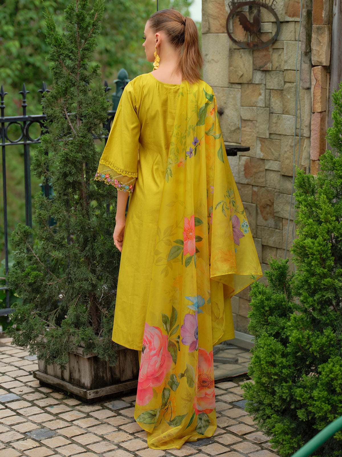 Yellow Embroidered A-Line Kurta Trousers With Dupatta Set