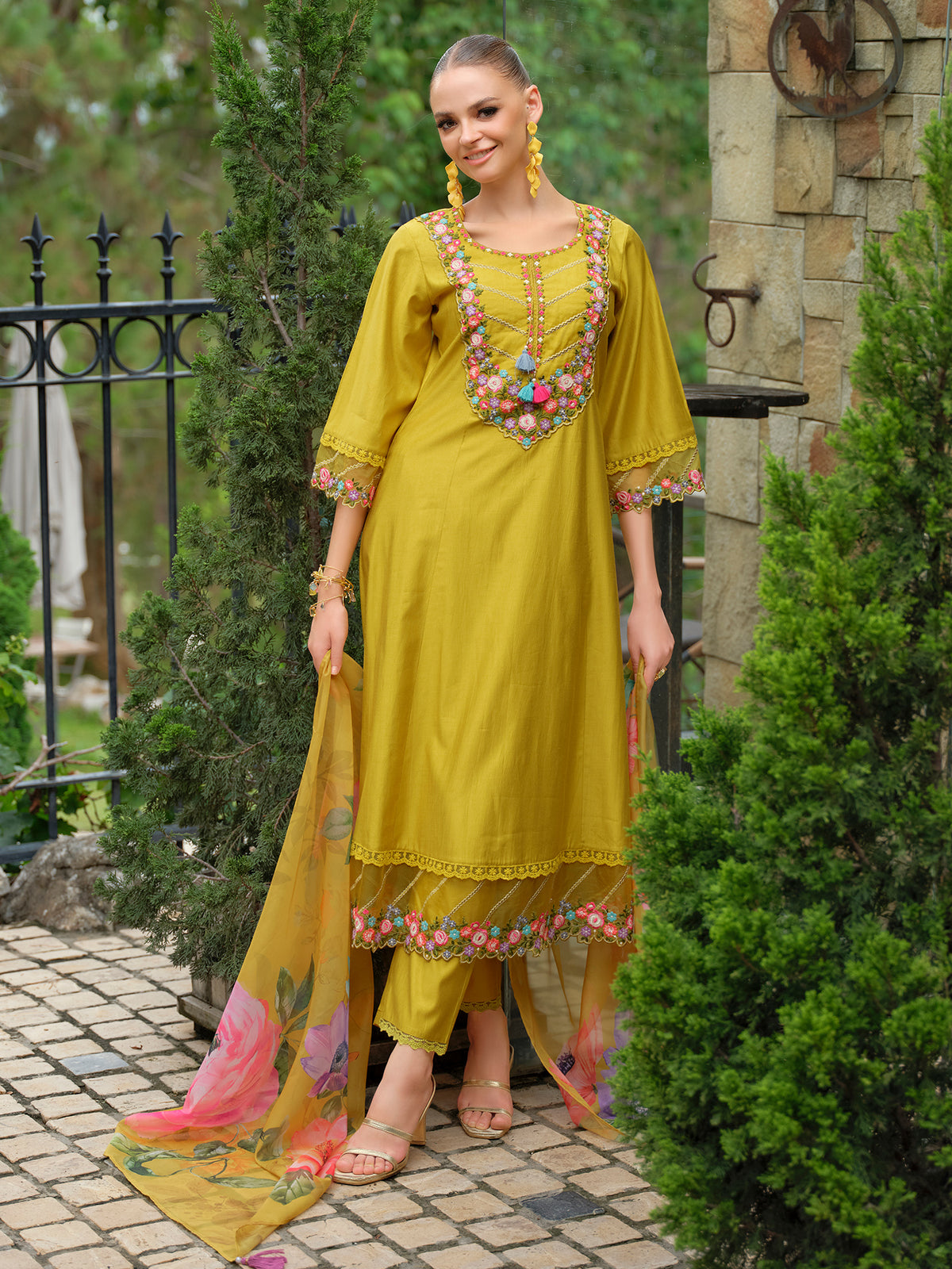 Yellow Embroidered A-Line Kurta Trousers With Dupatta Set