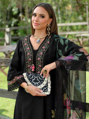 Black Embroidered A-Line Kurta Trousers With Dupatta Set