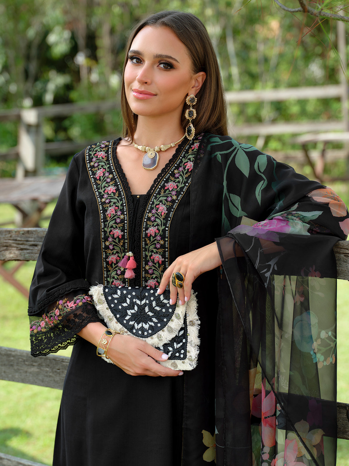 Black Embroidered A-Line Kurta Trousers With Dupatta Set