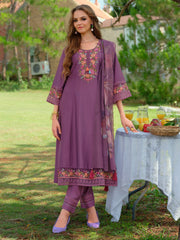 Purple Embroidered A-Line Kurta Trousers With Dupatta Set