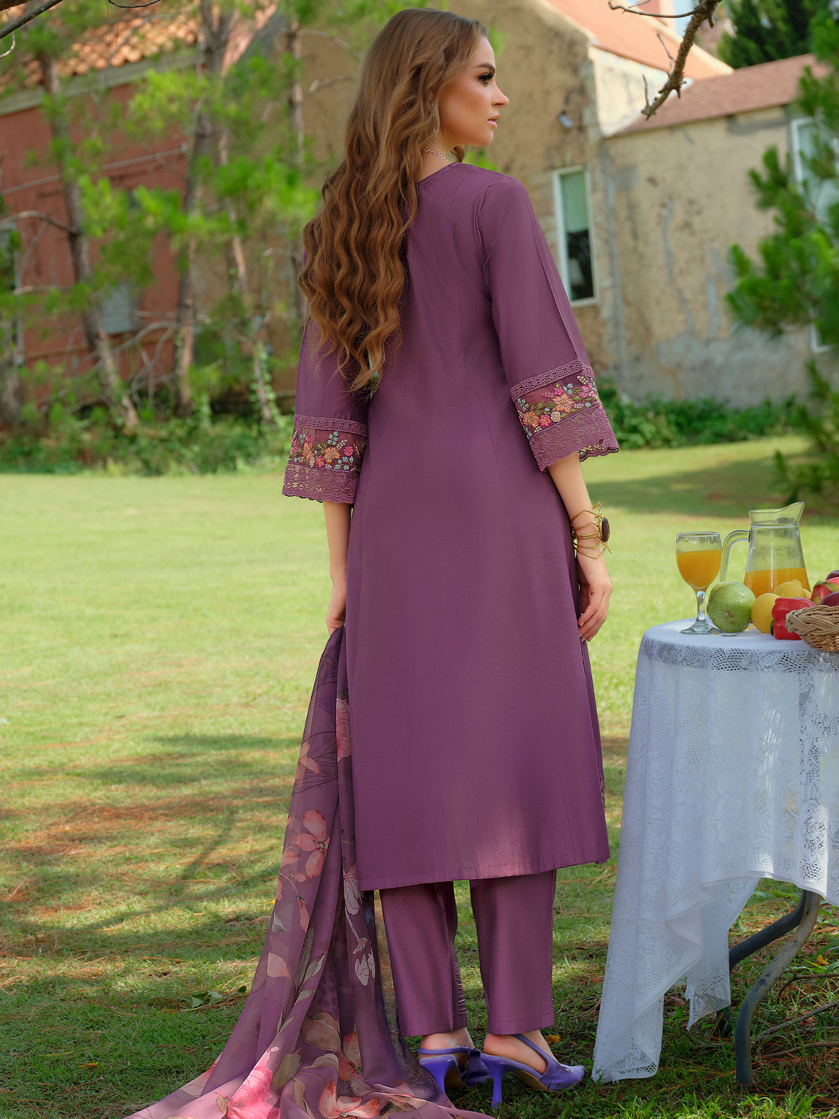 Purple Embroidered A-Line Kurta Trousers With Dupatta Set