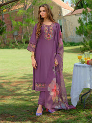 Purple Embroidered A-Line Kurta Trousers With Dupatta Set