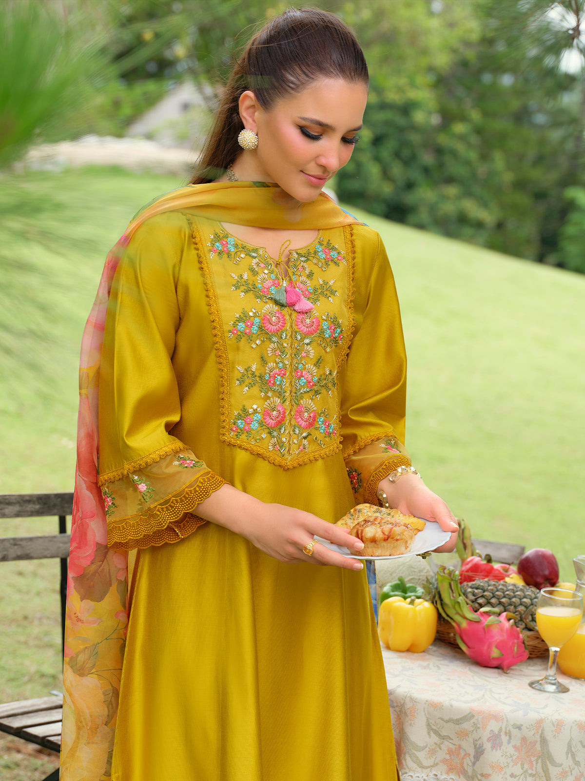 Yellow Embroidered A-Line Kurta Trousers With Dupatta Set