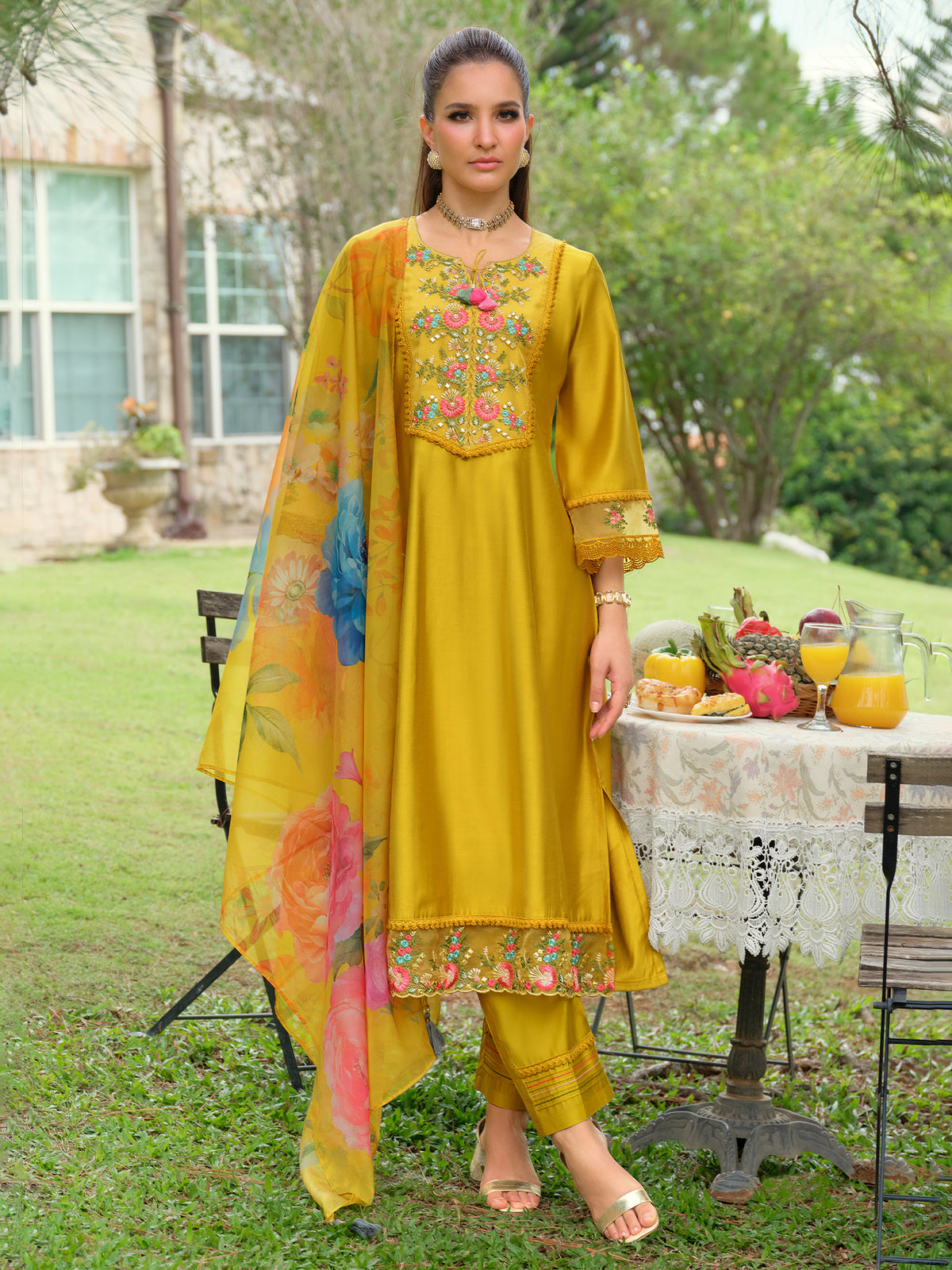 Yellow Embroidered A-Line Kurta Trousers With Dupatta Set