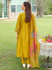 Yellow Embroidered A-Line Kurta Trousers With Dupatta Set