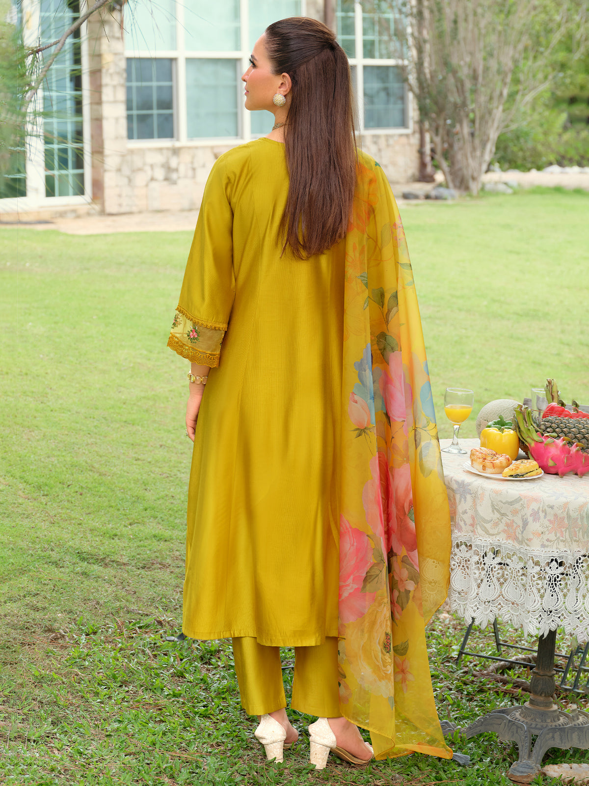 Yellow Embroidered A-Line Kurta Trousers With Dupatta Set
