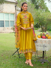 Yellow Embroidered A-Line Kurta Trousers With Dupatta Set