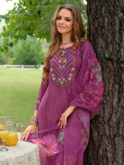 Purple Embroidered A-Line Kurta Trousers With Dupatta Set