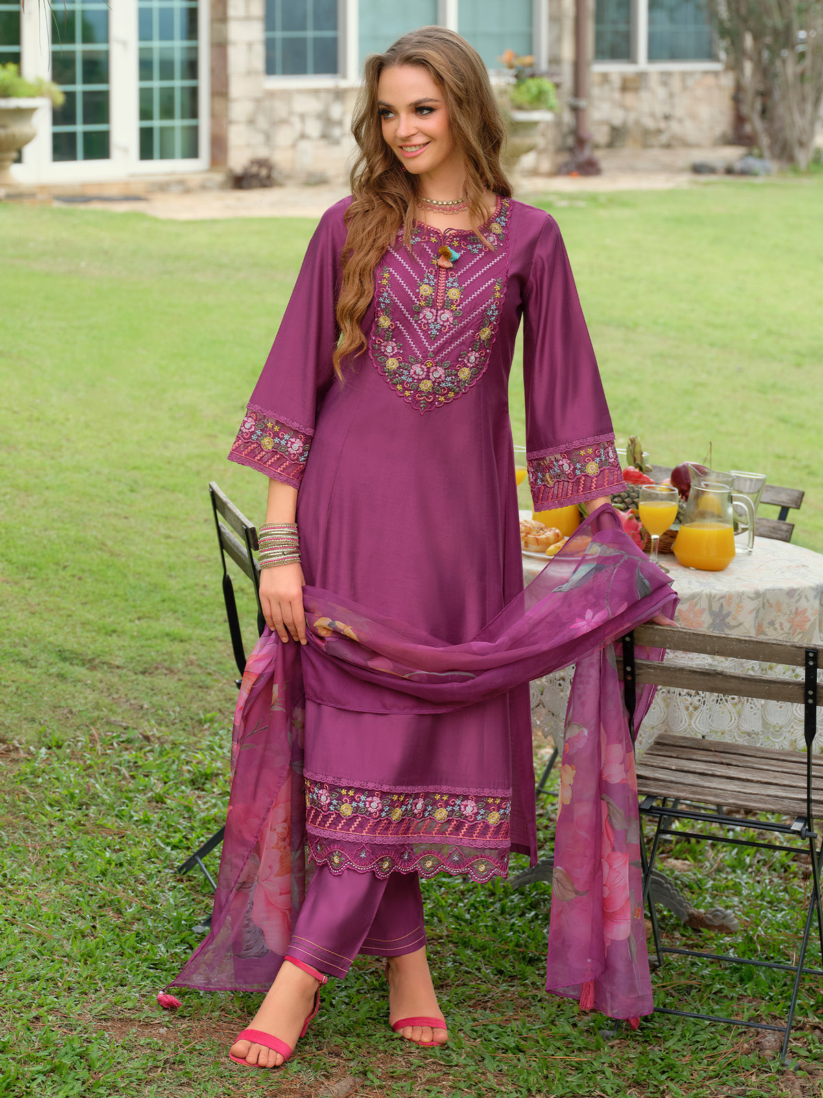 Purple Embroidered A-Line Kurta Trousers With Dupatta Set