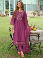 Purple Embroidered A-Line Kurta Trousers With Dupatta Set