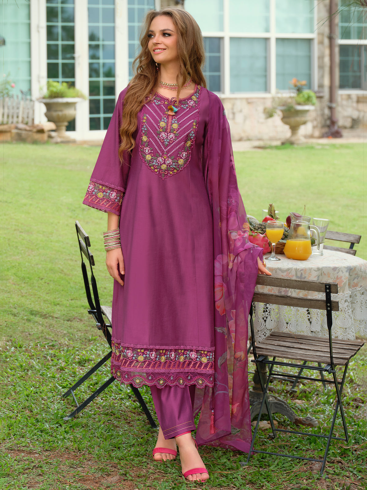 Purple Embroidered A-Line Kurta Trousers With Dupatta Set