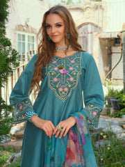 Blue Embroidered A-Line Kurta Trousers With Dupatta Set