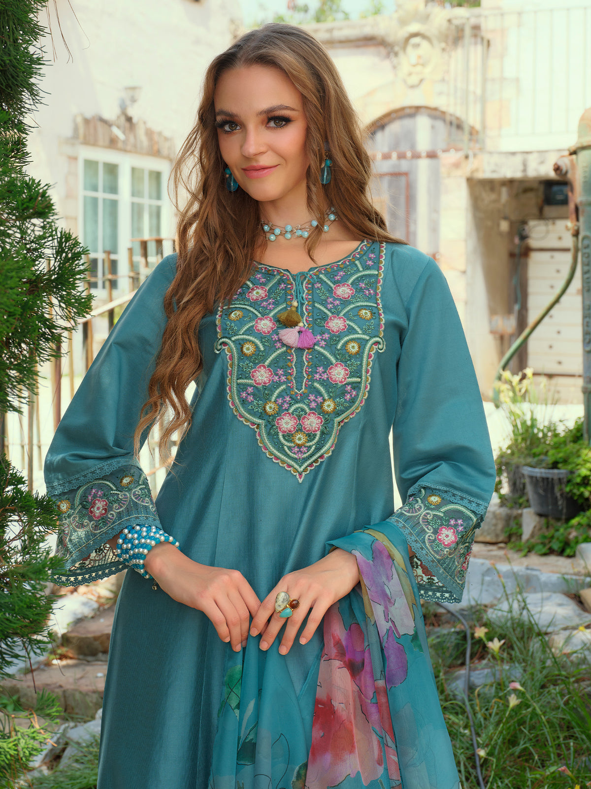 Blue Embroidered A-Line Kurta Trousers With Dupatta Set