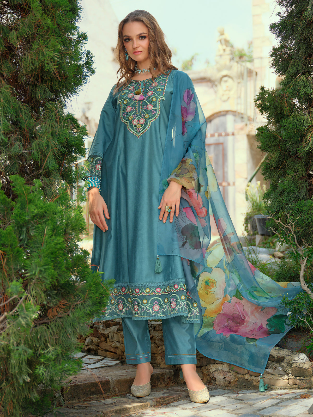 Blue Embroidered A-Line Kurta Trousers With Dupatta Set
