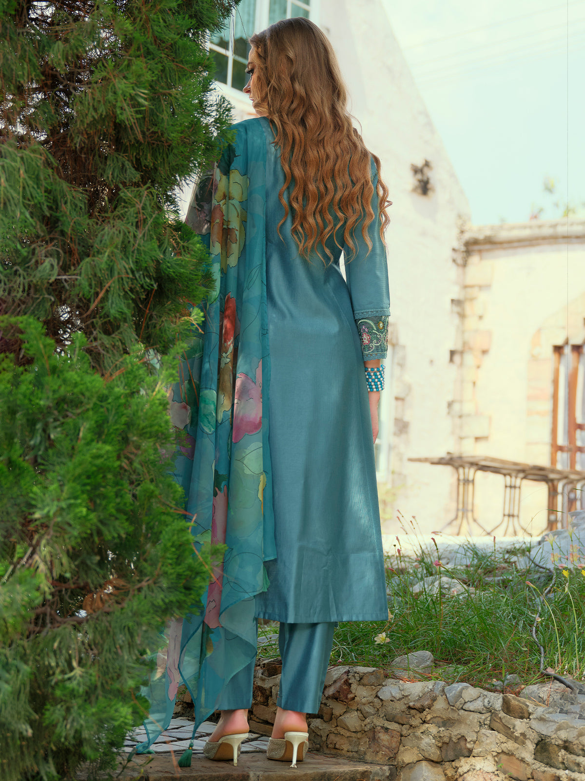 Blue Embroidered A-Line Kurta Trousers With Dupatta Set