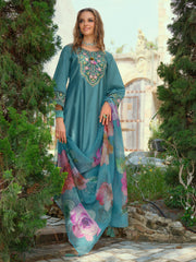Blue Embroidered A-Line Kurta Trousers With Dupatta Set
