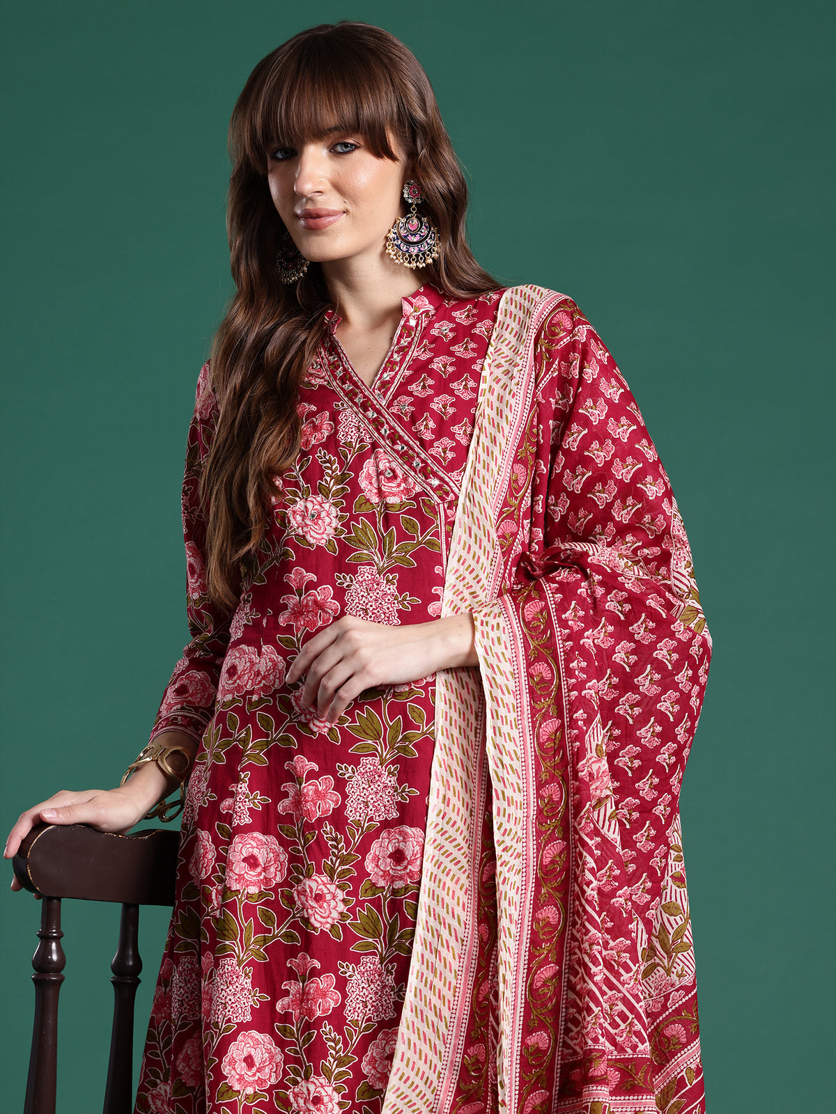 Burgundy Printed A-Line Kurta Trousers With Dupatta Set