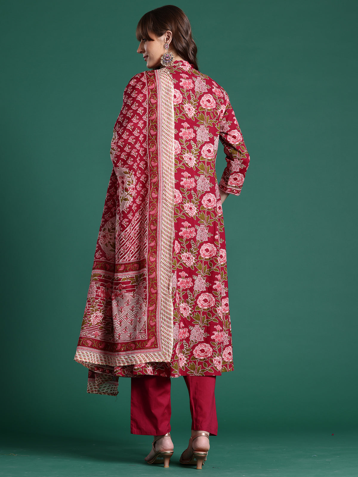 Burgundy Printed A-Line Kurta Trousers With Dupatta Set