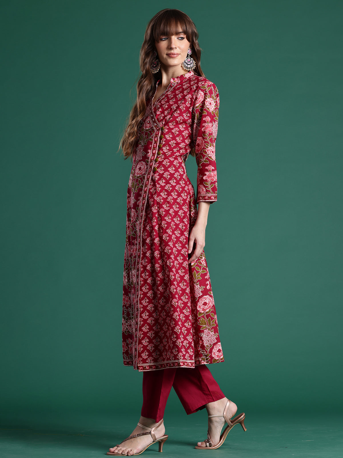 Burgundy Printed A-Line Kurta Trousers With Dupatta Set
