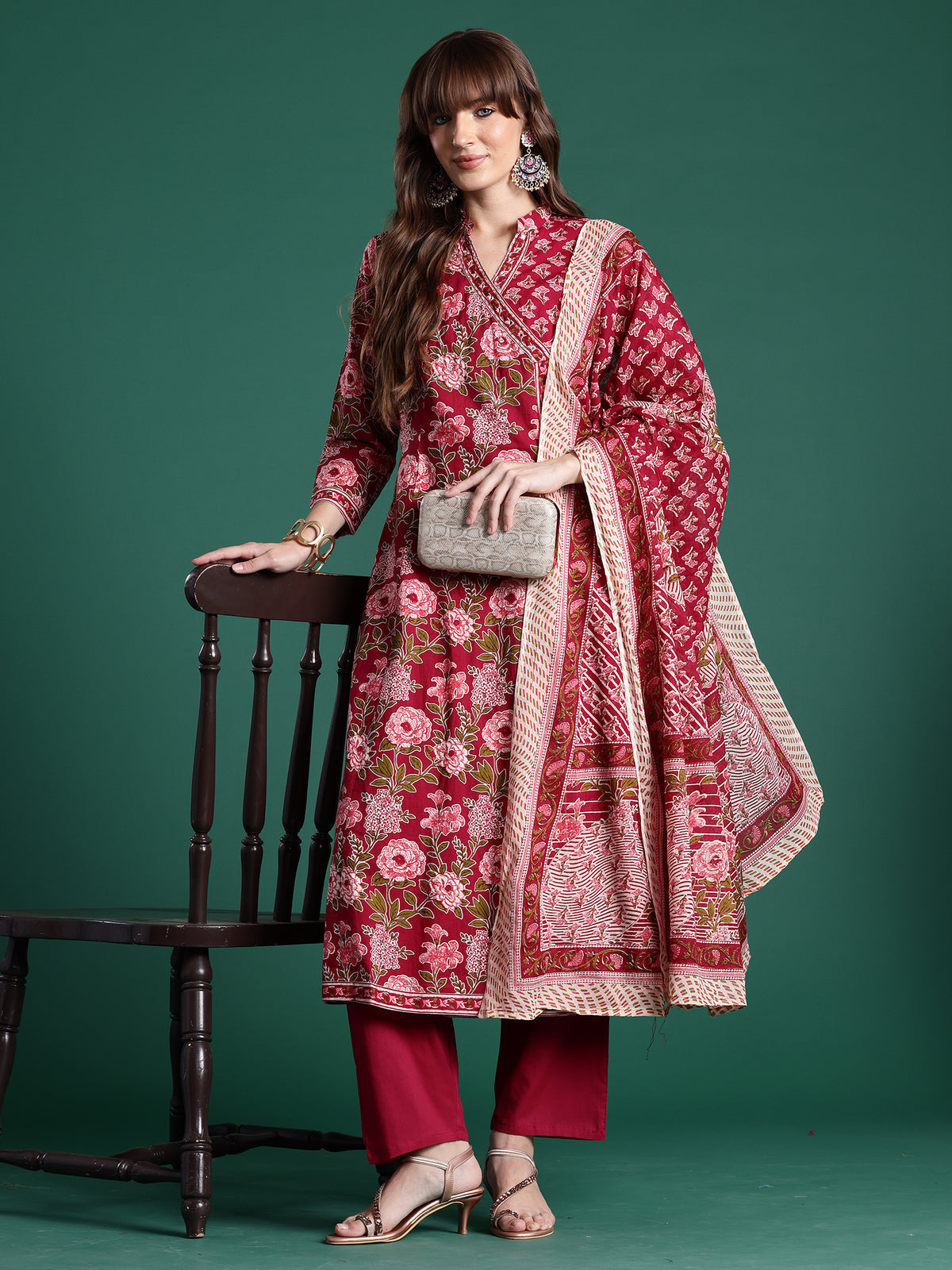 Burgundy Printed A-Line Kurta Trousers With Dupatta Set