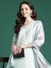 Sea Green Embroidered Straight Kurta Trousers With Dupatta Set