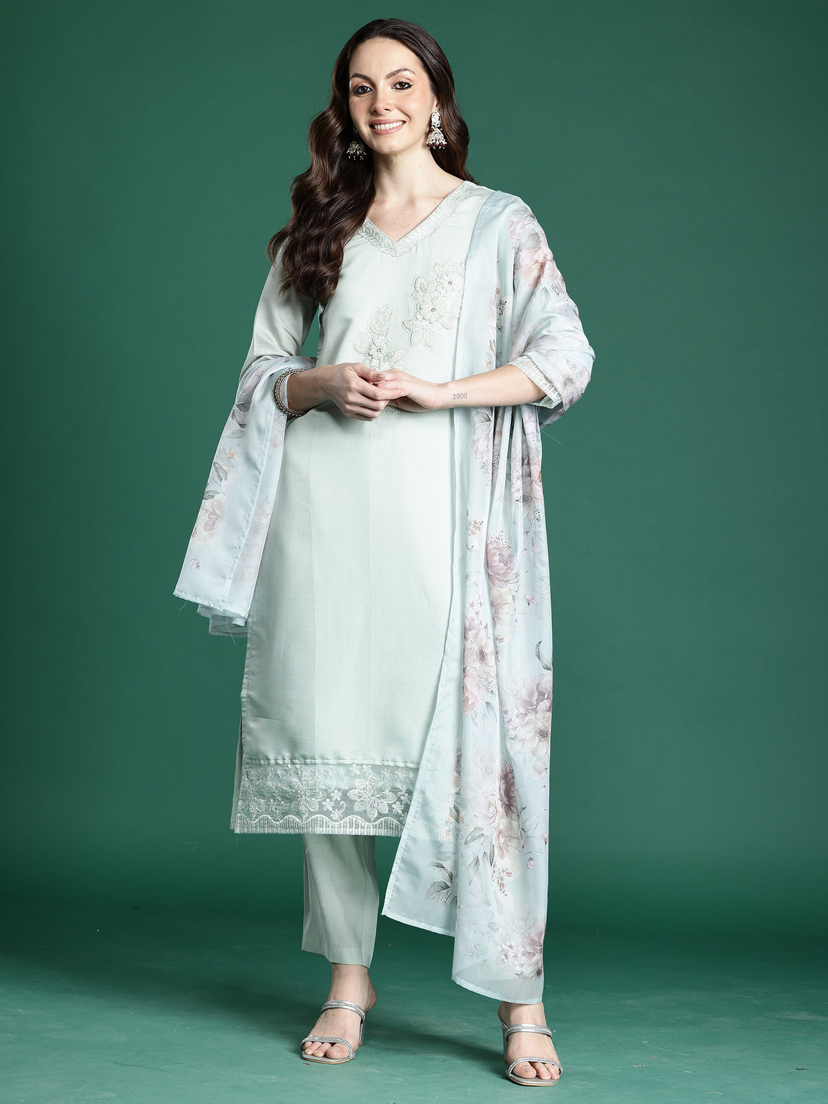 Sea Green Embroidered Straight Kurta Trousers With Dupatta Set