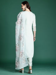Sea Green Embroidered Straight Kurta Trousers With Dupatta Set