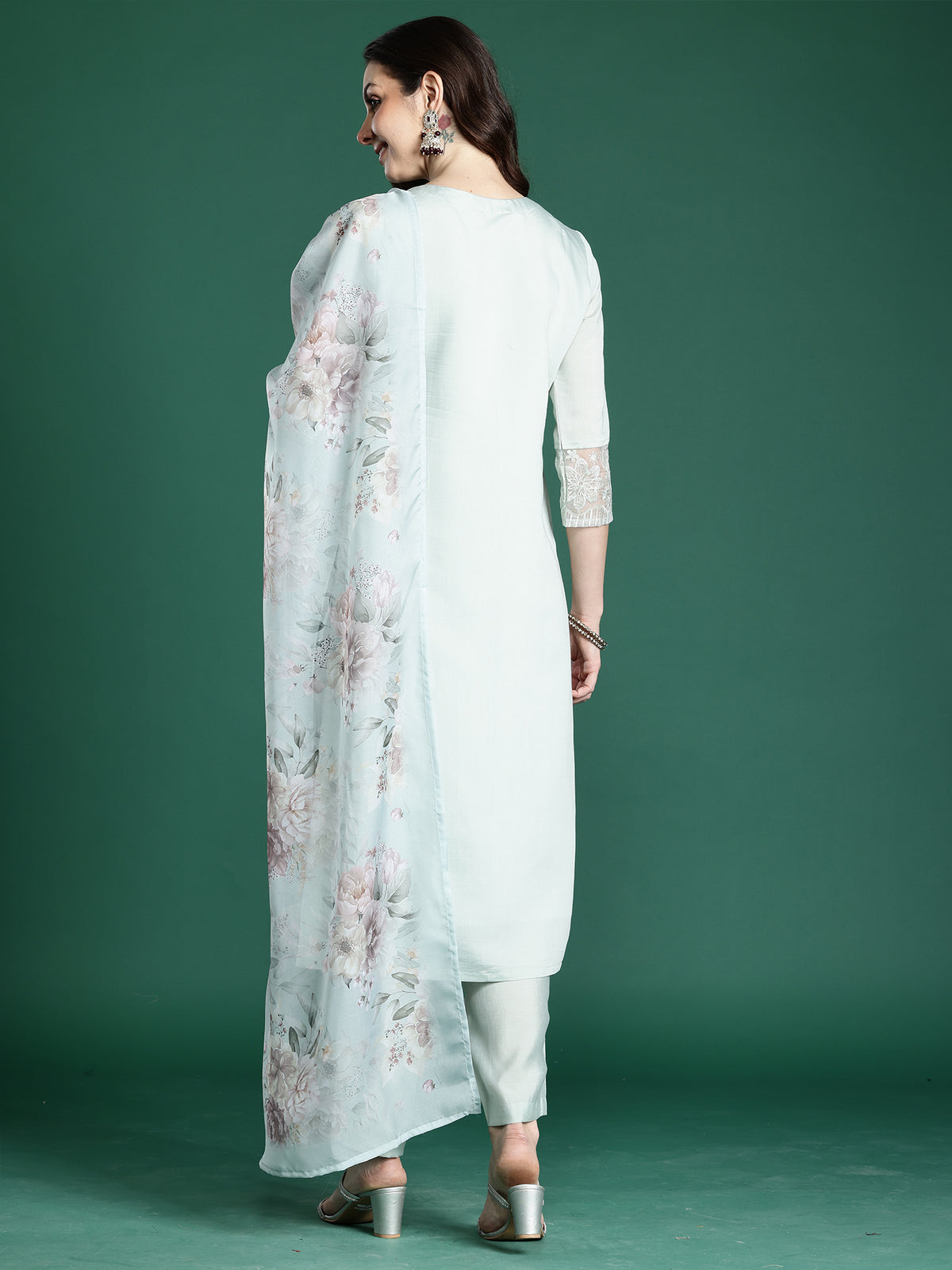 Sea Green Embroidered Straight Kurta Trousers With Dupatta Set