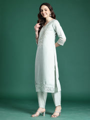 Sea Green Embroidered Straight Kurta Trousers With Dupatta Set