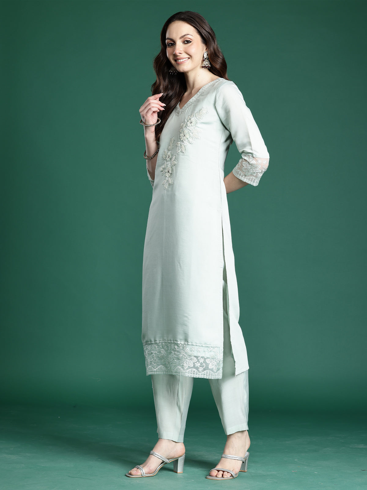 Sea Green Embroidered Straight Kurta Trousers With Dupatta Set