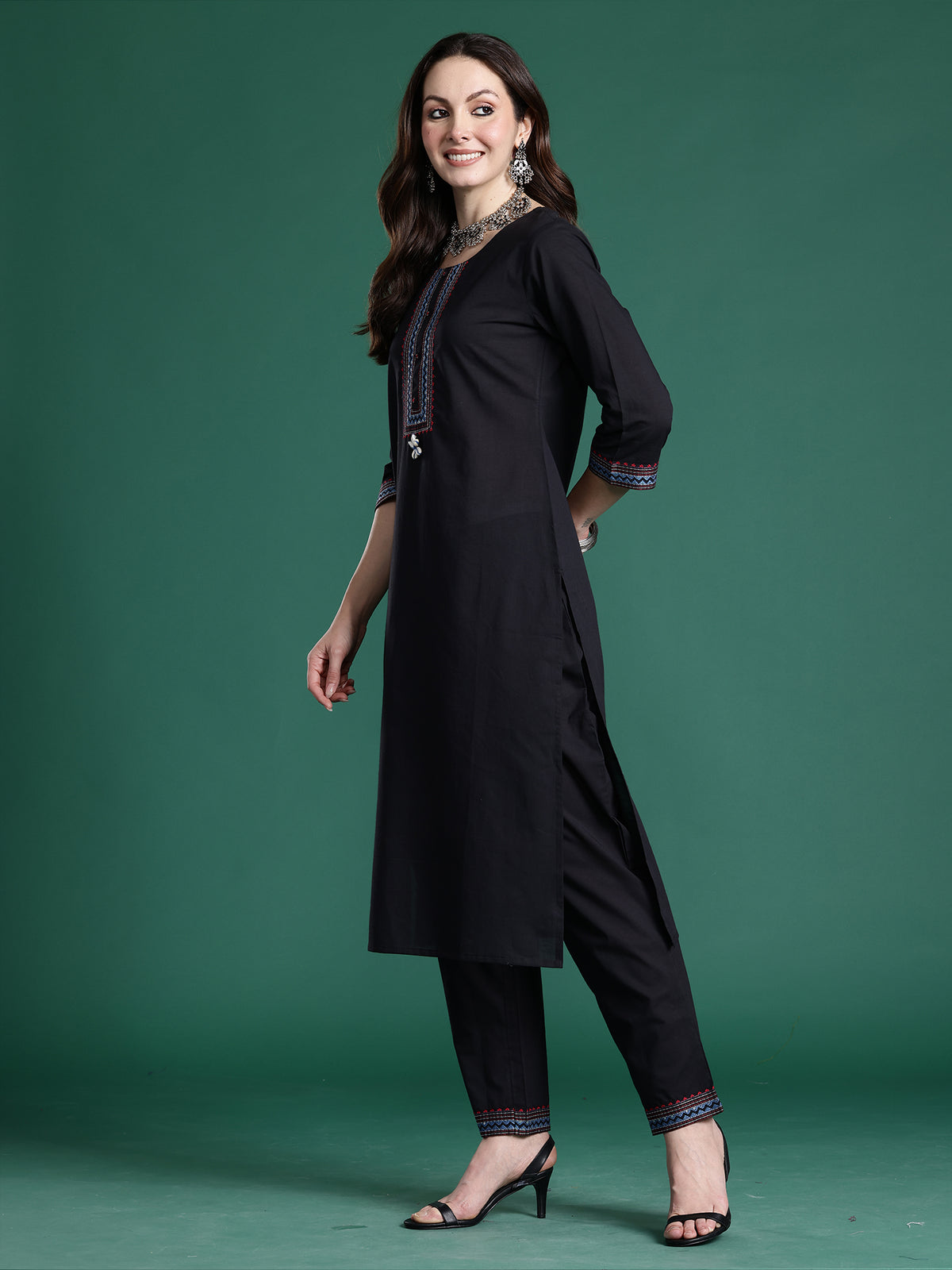 Black Solid Straight Kurta Trousers With Dupatta Set