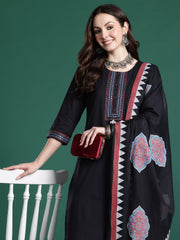 Black Solid Straight Kurta Trousers With Dupatta Set