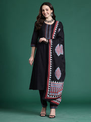 Black Solid Straight Kurta Trousers With Dupatta Set