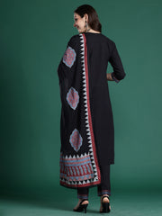 Black Solid Straight Kurta Trousers With Dupatta Set