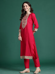 Pink Solid Straight Kurta Trousers With Dupatta Set