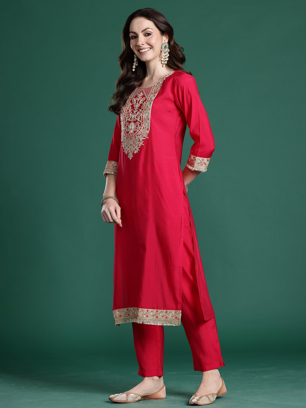 Pink Solid Straight Kurta Trousers With Dupatta Set