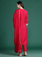 Pink Solid Straight Kurta Trousers With Dupatta Set
