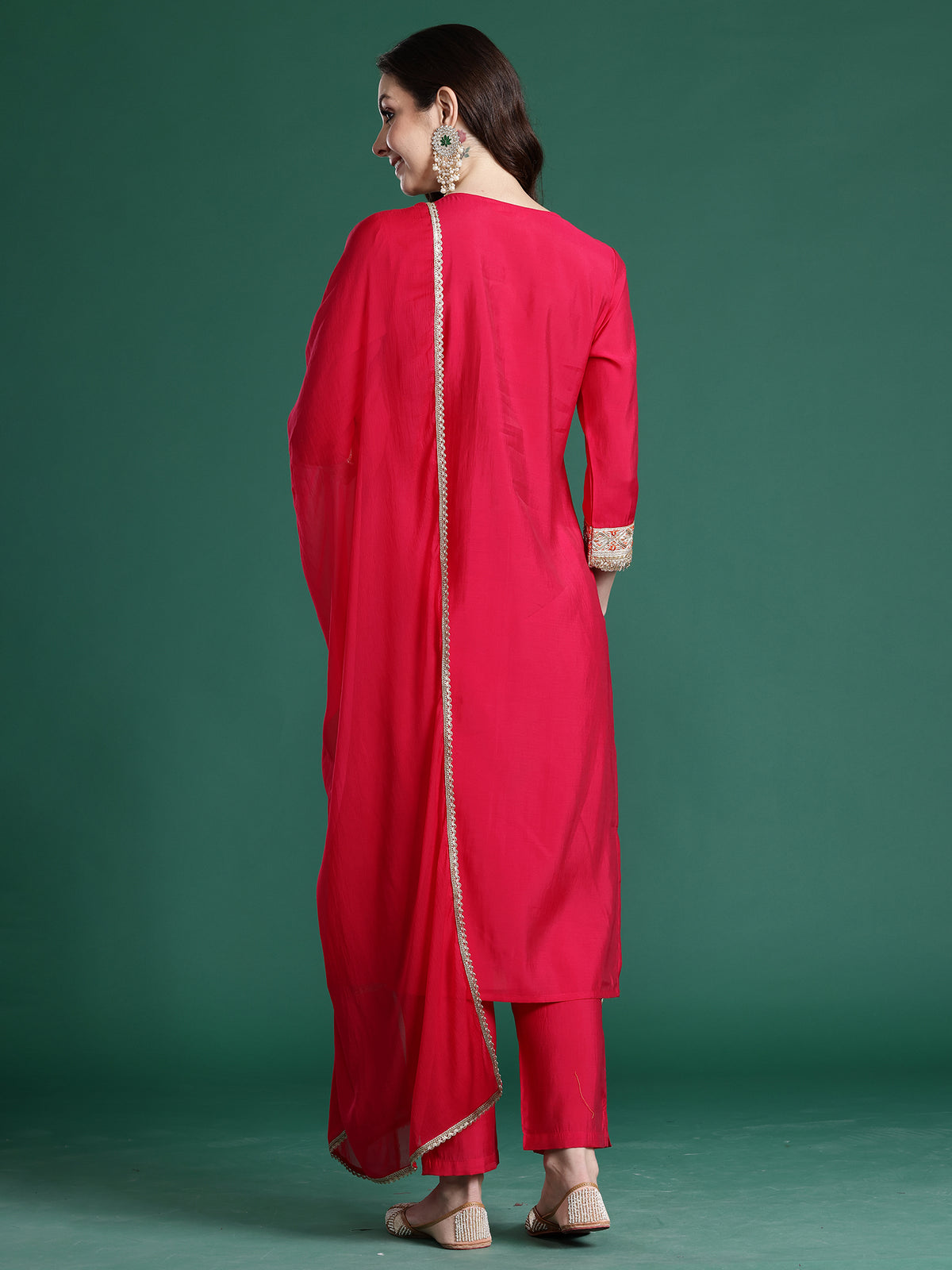 Pink Solid Straight Kurta Trousers With Dupatta Set