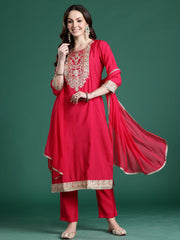 Pink Solid Straight Kurta Trousers With Dupatta Set