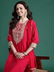 Pink Solid Straight Kurta Trousers With Dupatta Set