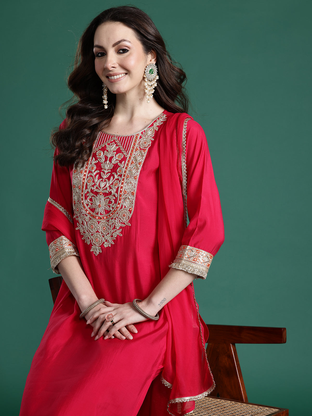 Pink Solid Straight Kurta Trousers With Dupatta Set