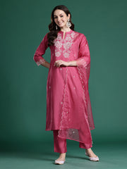 Pink Solid Straight Kurta Trousers With Dupatta Set